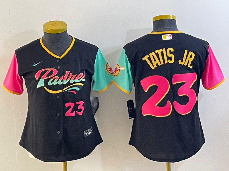Women's Black San Diego Padres #23 Fernando Tatis Jr. City Connect With Patch Stitched Baseball Jersey(Run Small)